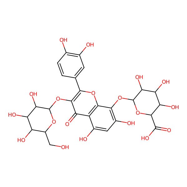 2D Structure of 2-(3,4-Dihydroxyphenyl)-3-(beta-D-glucopyranosyloxy)-5,7-dihydroxy-4-oxo-4H-1-benzopyran-8-yl beta-D-glucopyranosiduronic acid 2D Structure of 2-(3,4-Dihydroxyphenyl)-3-(beta-D-glucopyranosyloxy)-5,7-dihydroxy-4-oxo-4H-1-benzopyran-8-yl beta-D-glucopyranosiduronic acid