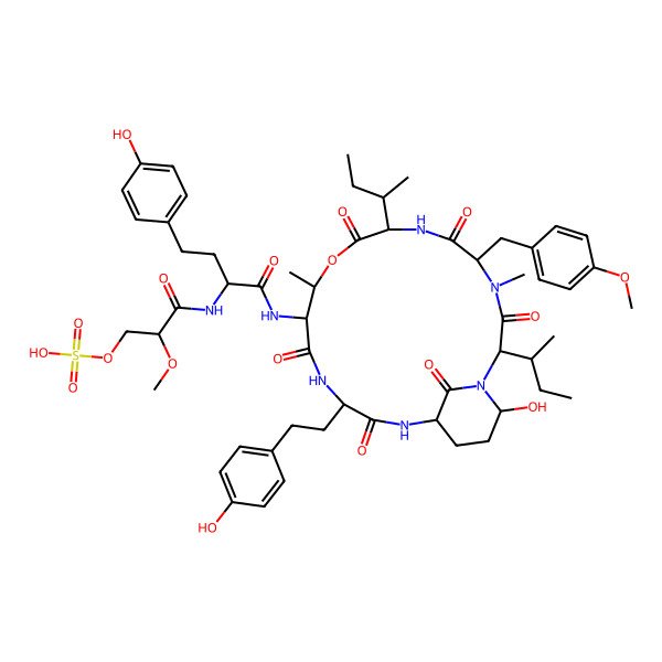 2D Structure of [(2S)-3-[[(2S)-1-[[(2S,5S,8S,11R,12S,15S,18S,21R)-8-[(2S)-butan-2-yl]-2-[(2R)-butan-2-yl]-21-hydroxy-15-[2-(4-hydroxyphenyl)ethyl]-5-[(4-methoxyphenyl)methyl]-4,11-dimethyl-3,6,9,13,16,22-hexaoxo-10-oxa-1,4,7,14,17-pentazabicyclo[16.3.1]docosan-12-yl]amino]-4-(4-hydroxyphenyl)-1-oxobutan-2-yl]amino]-2-methoxy-3-oxopropyl] hydrogen sulfate