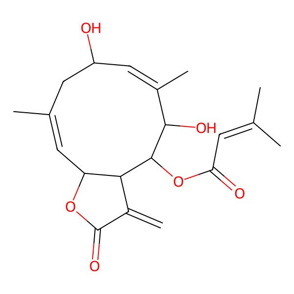 2D Structure of [(3aR,4R,5R,6Z,8S,10Z,11aR)-5,8-dihydroxy-6,10-dimethyl-3-methylidene-2-oxo-3a,4,5,8,9,11a-hexahydrocyclodeca[b]furan-4-yl] 3-methylbut-2-enoate