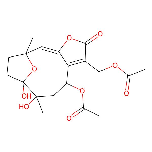 2D Structure of 7,10-Epoxycyclodeca(b)furan-2(4H)-one, 4-(acetyloxy)-3-((acetyloxy)methyl)-5,6,7,8,9,10-hexahydro-6,7-dihydroxy-6,10-dimethyl-, (4R,6S,7S,10R,11E)-