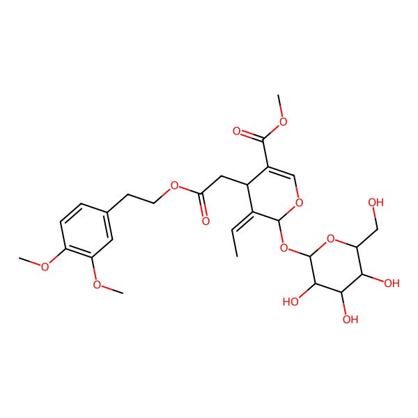 2D Structure of methyl (4S,5E,6S)-4-[2-[2-(3,4-dimethoxyphenyl)ethoxy]-2-oxoethyl]-5-ethylidene-6-[(2S,3R,4S,5S,6S)-3,4,5-trihydroxy-6-(hydroxymethyl)oxan-2-yl]oxy-4H-pyran-3-carboxylate