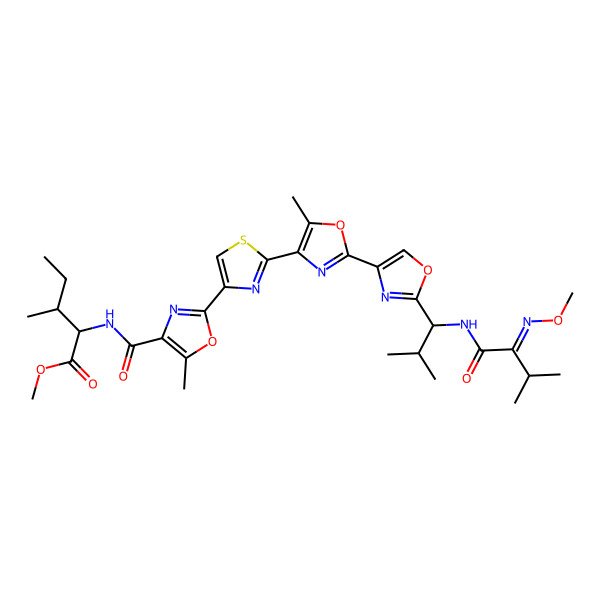 2D Structure of Methyl 2-[[2-[2-[2-[2-[1-[(2-methoxyimino-3-methylbutanoyl)amino]-2-methylpropyl]-1,3-oxazol-4-yl]-5-methyl-1,3-oxazol-4-yl]-1,3-thiazol-4-yl]-5-methyl-1,3-oxazole-4-carbonyl]amino]-3-methylpentanoate