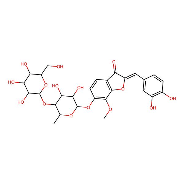 2D Structure of (2Z)-6-[(2S,3R,4S,5R,6S)-3,4-dihydroxy-6-methyl-5-[(2S,3R,4S,5S,6R)-3,4,5-trihydroxy-6-(hydroxymethyl)oxan-2-yl]oxyoxan-2-yl]oxy-2-[(3,4-dihydroxyphenyl)methylidene]-7-methoxy-1-benzofuran-3-one