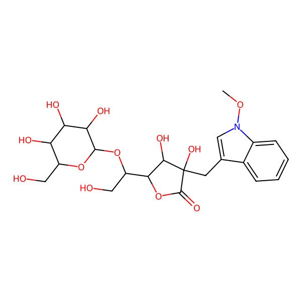 2D Structure of 3,4-Dihydroxy-5-[2-hydroxy-1-[3,4,5-trihydroxy-6-(hydroxymethyl)oxan-2-yl]oxyethyl]-3-[(1-methoxyindol-3-yl)methyl]oxolan-2-one