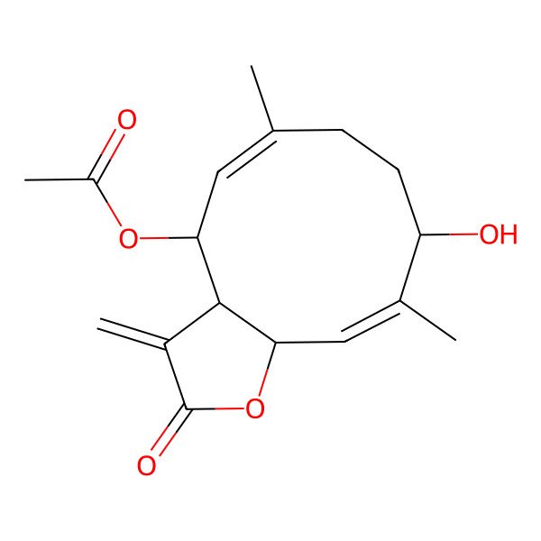 2D Structure of [(3aS,4R,5E,9R,10E,11aS)-9-hydroxy-6,10-dimethyl-3-methylidene-2-oxo-3a,4,7,8,9,11a-hexahydrocyclodeca[b]furan-4-yl] acetate