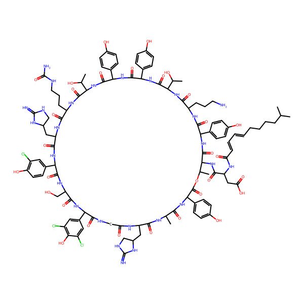 2D Structure of (3S)-4-[[(3R,6R,9S,15S,18R,21S,24R,27S,33R,42R,45S,48S,49R)-42-(3-aminopropyl)-27-[3-(carbamoylamino)propyl]-21-(3-chloro-4-hydroxyphenyl)-15-(3,5-dichloro-4-hydroxyphenyl)-39-[(1R)-1-hydroxyethyl]-30-[(1S)-1-hydroxyethyl]-18-(hydroxymethyl)-3,33,36,45-tetrakis(4-hydroxyphenyl)-9,24-bis[(2-iminoimidazolidin-4-yl)methyl]-6,49-dimethyl-2,5,8,11,14,17,20,23,26,29,32,35,38,41,44,47-hexadecaoxo-1-oxa-4,7,10,13,16,19,22,25,28,31,34,37,40,43,46-pentadecazacyclononatetracont-48-yl]amino]-3-[[(2Z,4E)-10-methylundeca-2,4-dienoyl]amino]-4-oxobutanoic acid
