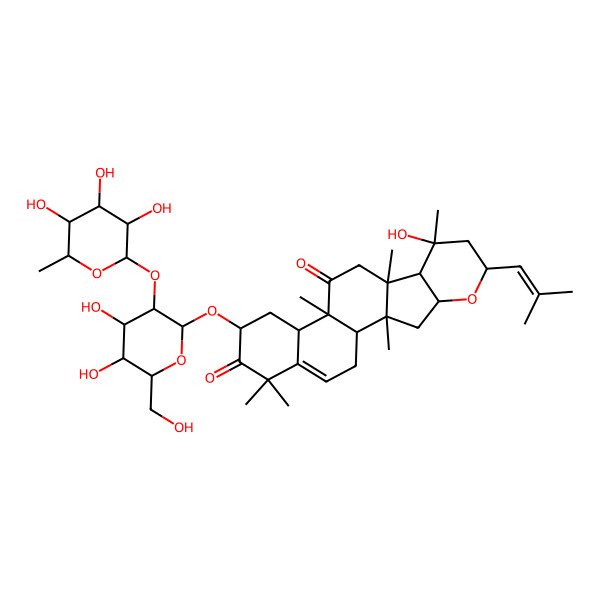 2D Structure of (1S,2S,4R,6R,8S,9R,10R,13R,14R,16S)-16-[(2S,3R,4S,5S,6R)-4,5-dihydroxy-6-(hydroxymethyl)-3-[(2S,3R,4R,5R,6S)-3,4,5-trihydroxy-6-methyloxan-2-yl]oxyoxan-2-yl]oxy-8-hydroxy-2,8,10,13,18,18-hexamethyl-6-(2-methylprop-1-enyl)-5-oxapentacyclo[11.8.0.02,10.04,9.014,19]henicos-19-ene-12,17-dione