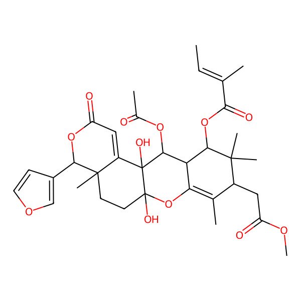 2D Structure of [12-acetyloxy-4-(furan-3-yl)-6a,12a-dihydroxy-9-(2-methoxy-2-oxoethyl)-4a,8,10,10-tetramethyl-2-oxo-5,6,9,11,11a,12-hexahydro-4H-pyrano[4,3-a]xanthen-11-yl] 2-methylbut-2-enoate