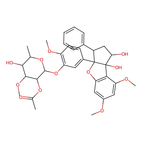 2D Structure of [(2S,3S,4S,5R,6R)-2-[5-[(1S,3R,3aR,8bS)-1,8b-dihydroxy-6,8-dimethoxy-3-phenyl-2,3-dihydro-1H-cyclopenta[b][1]benzofuran-3a-yl]-2-methoxyphenoxy]-5-hydroxy-4-methoxy-6-methyloxan-3-yl] acetate