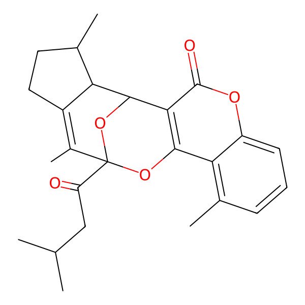 2D Structure of 9,14,18-Trimethyl-13-(3-methylbutanoyl)-4,12,20-trioxapentacyclo[11.6.1.02,11.05,10.015,19]icosa-2(11),5,7,9,14-pentaen-3-one