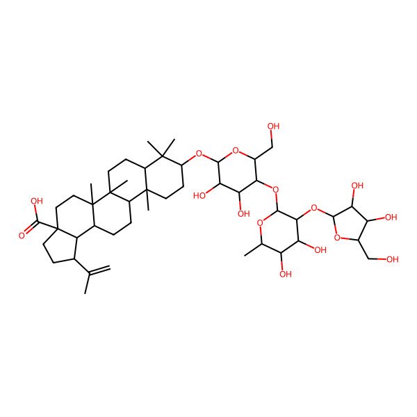 2D Structure of (1R,3aS,5aR,5bR,7aR,9S,11aR,11bR,13aR,13bR)-9-[(2R,3R,4R,5S,6R)-5-[(2S,3R,4R,5R,6S)-3-[(2S,3R,4R,5S)-3,4-dihydroxy-5-(hydroxymethyl)oxolan-2-yl]oxy-4,5-dihydroxy-6-methyloxan-2-yl]oxy-3,4-dihydroxy-6-(hydroxymethyl)oxan-2-yl]oxy-5a,5b,8,8,11a-pentamethyl-1-prop-1-en-2-yl-1,2,3,4,5,6,7,7a,9,10,11,11b,12,13,13a,13b-hexadecahydrocyclopenta[a]chrysene-3a-carboxylic acid