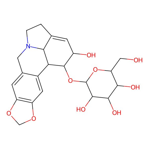 2D Structure of (2R,3R,4S,5S,6R)-2-[[(1S,17S,18S,19R)-17-hydroxy-5,7-dioxa-12-azapentacyclo[10.6.1.02,10.04,8.015,19]nonadeca-2,4(8),9,15-tetraen-18-yl]oxy]-6-(hydroxymethyl)oxane-3,4,5-triol