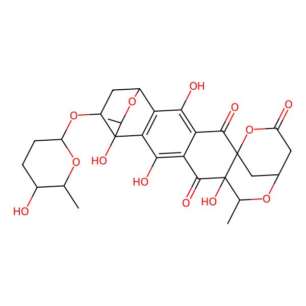 2D Structure of (1S,6S,10S,12S,13R,18S,19R,22S)-3,13,16,18-tetrahydroxy-22-[(2R,5R,6S)-5-hydroxy-6-methyloxan-2-yl]oxy-12,19-dimethyl-7,11,20-trioxahexacyclo[16.2.2.16,10.02,17.04,15.06,13]tricosa-2(17),3,15-triene-5,8,14-trione