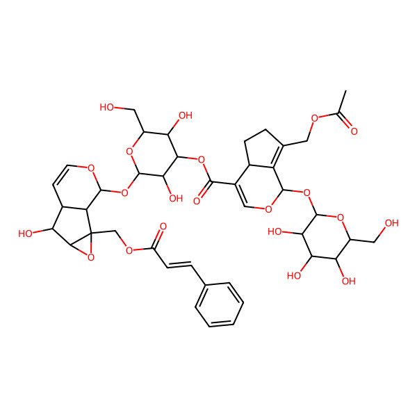 2D Structure of [(2R,3R,4S,5R,6S)-3,5-dihydroxy-2-(hydroxymethyl)-6-[[(1S,2S,4S,5S,6S,10S)-5-hydroxy-2-[[(E)-3-phenylprop-2-enoyl]oxymethyl]-3,9-dioxatricyclo[4.4.0.02,4]dec-7-en-10-yl]oxy]oxan-4-yl] (1S,4aS)-7-(acetyloxymethyl)-1-[(2S,3R,4S,5S,6R)-3,4,5-trihydroxy-6-(hydroxymethyl)oxan-2-yl]oxy-1,4a,5,6-tetrahydrocyclopenta[c]pyran-4-carboxylate
