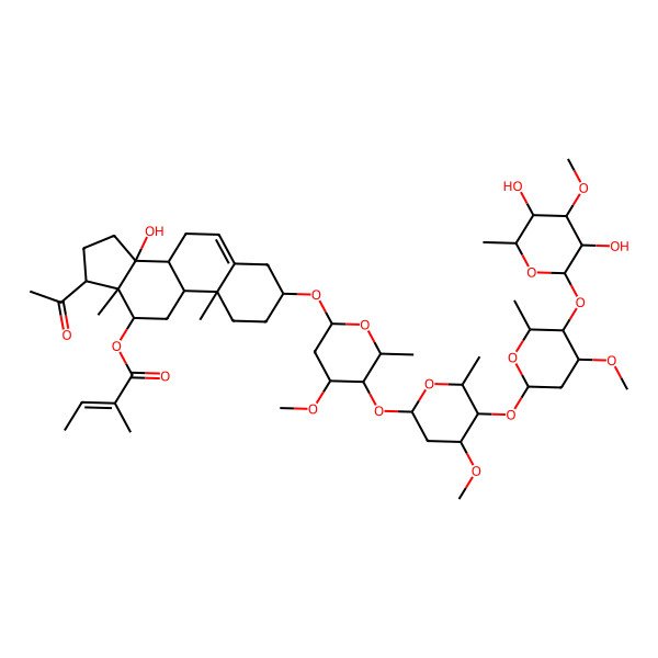 2D Structure of [(3S,8R,9S,10R,12R,13S,14S,17S)-17-acetyl-3-[(2R,4S,5R,6R)-5-[(2S,4S,5R,6R)-5-[(2S,4R,5R,6R)-5-[(2S,3R,4S,5R,6R)-3,5-dihydroxy-4-methoxy-6-methyloxan-2-yl]oxy-4-methoxy-6-methyloxan-2-yl]oxy-4-methoxy-6-methyloxan-2-yl]oxy-4-methoxy-6-methyloxan-2-yl]oxy-14-hydroxy-10,13-dimethyl-1,2,3,4,7,8,9,11,12,15,16,17-dodecahydrocyclopenta[a]phenanthren-12-yl] (E)-2-methylbut-2-enoate