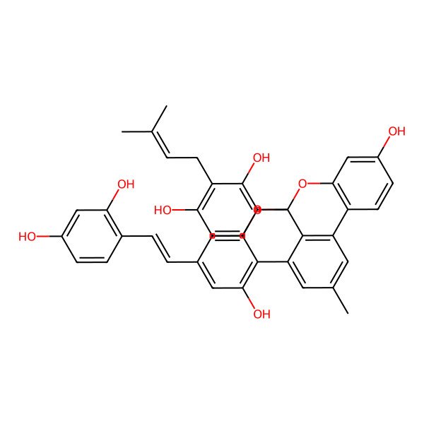 2D Structure of 1-[2,4-dihydroxy-3-(3-methylbut-2-enyl)phenyl]-17-[(E)-2-(2,4-dihydroxyphenyl)ethenyl]-11-methyl-2,20-dioxapentacyclo[11.7.1.03,8.09,21.014,19]henicosa-3(8),4,6,9(21),10,12,14,16,18-nonaene-5,15-diol