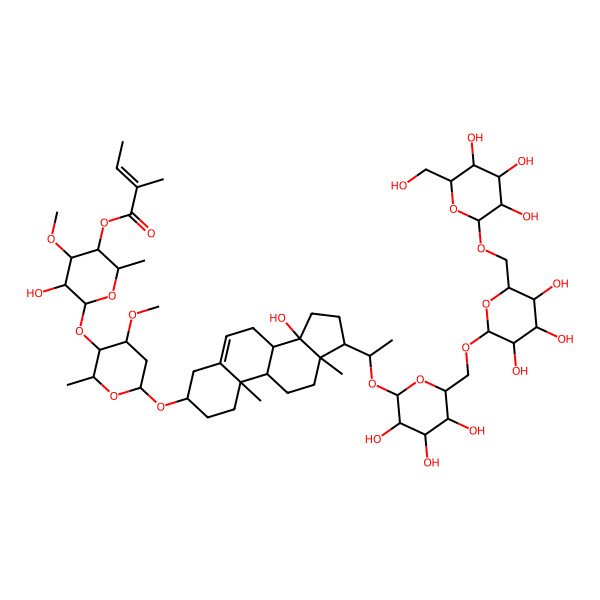 2D Structure of [(2R,3R,4R,5R,6S)-5-hydroxy-6-[(2R,3R,4R,6R)-6-[[(3S,8R,9S,10R,13R,14S,17S)-14-hydroxy-10,13-dimethyl-17-[(1S)-1-[(2R,3R,4S,5S,6R)-3,4,5-trihydroxy-6-[[(2R,3R,4S,5S,6R)-3,4,5-trihydroxy-6-[[(2R,3R,4S,5S,6R)-3,4,5-trihydroxy-6-(hydroxymethyl)oxan-2-yl]oxymethyl]oxan-2-yl]oxymethyl]oxan-2-yl]oxyethyl]-1,2,3,4,7,8,9,11,12,15,16,17-dodecahydrocyclopenta[a]phenanthren-3-yl]oxy]-4-methoxy-2-methyloxan-3-yl]oxy-4-methoxy-2-methyloxan-3-yl] (E)-2-methylbut-2-enoate