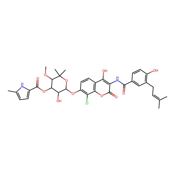 2D Structure of [(3R,5R,6S)-6-[8-chloro-2-hydroxy-3-[[4-hydroxy-3-(3-methylbut-2-enyl)benzoyl]amino]-4-oxochromen-7-yl]oxy-5-hydroxy-3-methoxy-2,2-dimethyloxan-4-yl] 5-methyl-1H-pyrrole-2-carboxylate