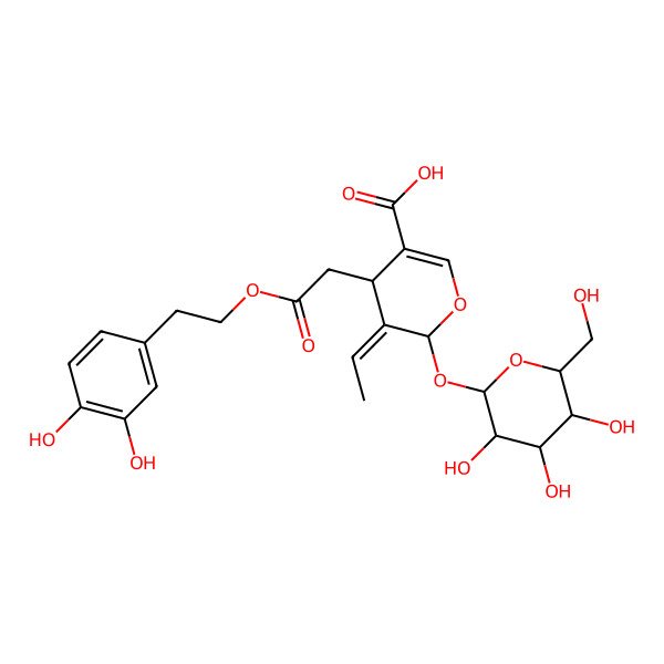 2D Structure of (5Z)-4-[2-[2-(3,4-dihydroxyphenyl)ethoxy]-2-oxoethyl]-5-ethylidene-6-[3,4,5-trihydroxy-6-(hydroxymethyl)oxan-2-yl]oxy-4H-pyran-3-carboxylic acid