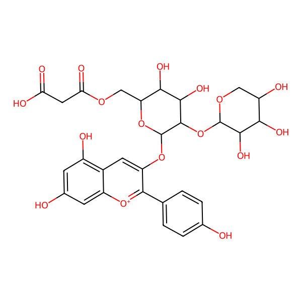 2D Structure of 3-[[(2S,3R,4S,5R,6S)-6-[5,7-dihydroxy-2-(4-hydroxyphenyl)chromenylium-3-yl]oxy-3,4-dihydroxy-5-[(2S,3S,4S,5S)-3,4,5-trihydroxyoxan-2-yl]oxyoxan-2-yl]methoxy]-3-oxopropanoic acid