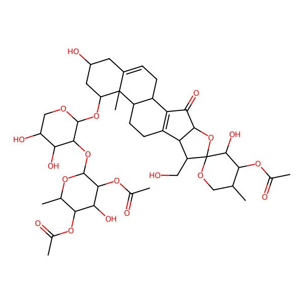 2D Structure of [(1R,3'S,4R,4'S,5'S,6S,7R,8R,12S,13R,14R,16R)-14-[(2S,3R,4S,5S)-3-[(2S,3R,4R,5R,6S)-3,5-diacetyloxy-4-hydroxy-6-methyloxan-2-yl]oxy-4,5-dihydroxyoxan-2-yl]oxy-3',16-dihydroxy-7-(hydroxymethyl)-5',13-dimethyl-3-oxospiro[5-oxapentacyclo[10.8.0.02,9.04,8.013,18]icosa-2(9),18-diene-6,2'-oxane]-4'-yl] acetate