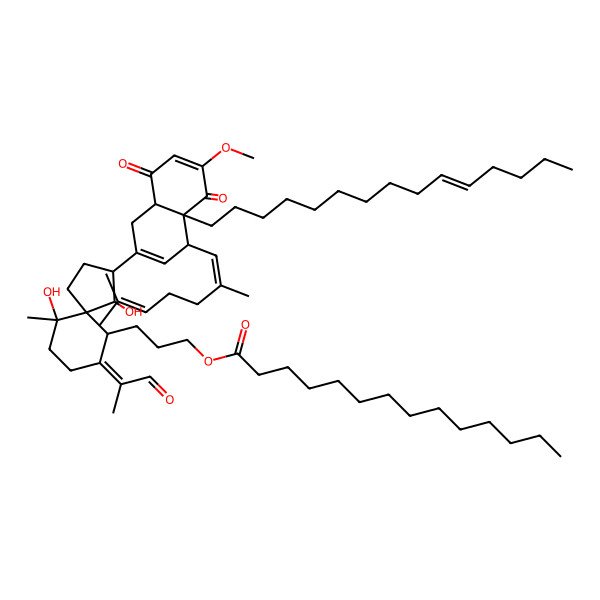 2D Structure of 3-[3-[4-(2,6-dimethylhepta-1,5-dienyl)-6-methoxy-5,8-dioxo-4a-pentadec-10-enyl-4,8a-dihydro-1H-naphthalen-2-yl]-4,10-dihydroxy-10-methyl-7-(1-oxopropan-2-ylidene)spiro[4.5]decan-6-yl]propyl tetradecanoate