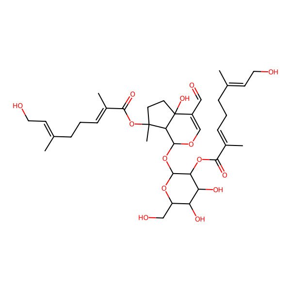 2D Structure of [(2S,3R,4S,5S,6R)-2-[[(1S,4aR,7S,7aS)-4-formyl-4a-hydroxy-7-[(2E,6E)-8-hydroxy-2,6-dimethylocta-2,6-dienoyl]oxy-7-methyl-1,5,6,7a-tetrahydrocyclopenta[c]pyran-1-yl]oxy]-4,5-dihydroxy-6-(hydroxymethyl)oxan-3-yl] (2E,6E)-8-hydroxy-2,6-dimethylocta-2,6-dienoate