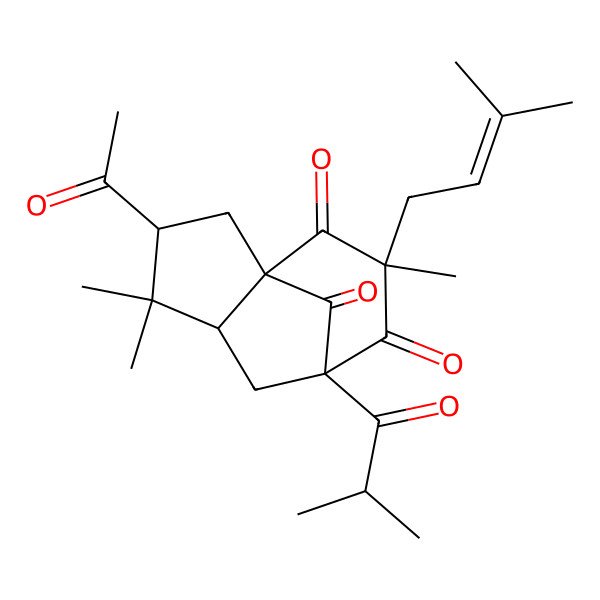 2D Structure of (1S,3R,5R,7S,9S)-3-acetyl-4,4,9-trimethyl-9-(3-methylbut-2-enyl)-7-(2-methylpropanoyl)tricyclo[5.3.1.01,5]undecane-8,10,11-trione