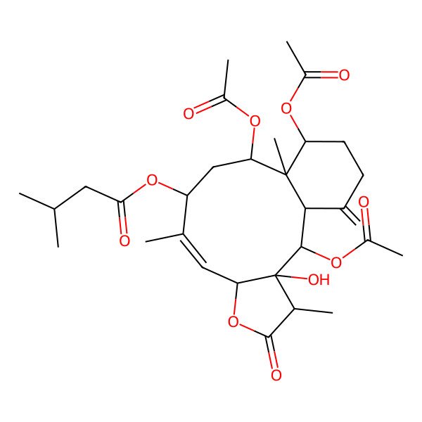 2D Structure of (2,12,14-Triacetyloxy-3-hydroxy-4,9,13-trimethyl-17-methylidene-5-oxo-6-oxatricyclo[11.4.0.03,7]heptadec-8-en-10-yl) 3-methylbutanoate