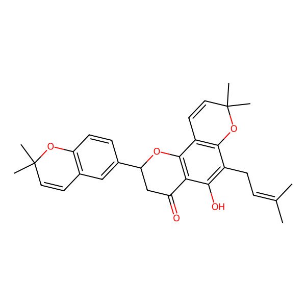 2D Structure of (2R)-2-(2,2-dimethylchromen-6-yl)-5-hydroxy-8,8-dimethyl-6-(3-methylbut-2-enyl)-2,3-dihydropyrano[2,3-h]chromen-4-one