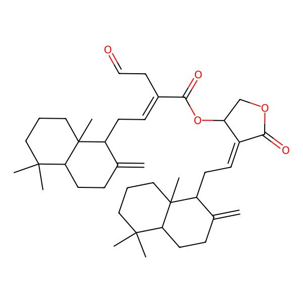2D Structure of [(3R,4E)-4-[2-[(1S,4aS,8aS)-5,5,8a-trimethyl-2-methylidene-3,4,4a,6,7,8-hexahydro-1H-naphthalen-1-yl]ethylidene]-5-oxooxolan-3-yl] (E)-4-[(1S,4aS,8aS)-5,5,8a-trimethyl-2-methylidene-3,4,4a,6,7,8-hexahydro-1H-naphthalen-1-yl]-2-(2-oxoethyl)but-2-enoate