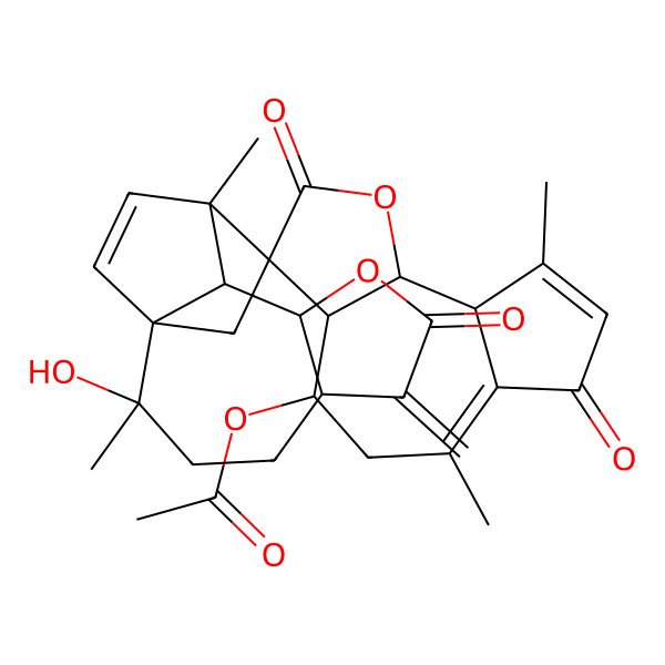 2D Structure of [(1'R,2'R,3R,3aR,4S,5'S,9'S,9aS,9bS,10'S,11'R)-2'-hydroxy-2',6,9,11'-tetramethyl-6'-methylidene-2,7,7'-trioxospiro[4,5,9a,9b-tetrahydro-3aH-azuleno[4,5-b]furan-3,15'-8-oxatetracyclo[9.2.2.01,10.05,9]pentadec-12-ene]-4-yl] acetate