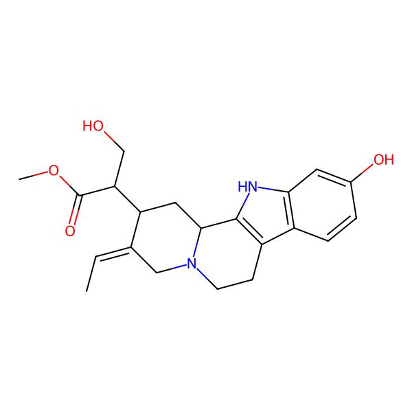 2D Structure of methyl (2R)-2-[(2R,3E,12bS)-3-ethylidene-10-hydroxy-2,4,6,7,12,12b-hexahydro-1H-indolo[2,3-a]quinolizin-2-yl]-3-hydroxypropanoate