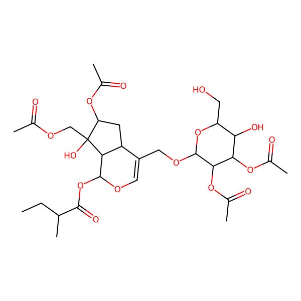 2D Structure of [6-acetyloxy-7-(acetyloxymethyl)-4-[[3,4-diacetyloxy-5-hydroxy-6-(hydroxymethyl)oxan-2-yl]oxymethyl]-7-hydroxy-4a,5,6,7a-tetrahydro-1H-cyclopenta[c]pyran-1-yl] 2-methylbutanoate
