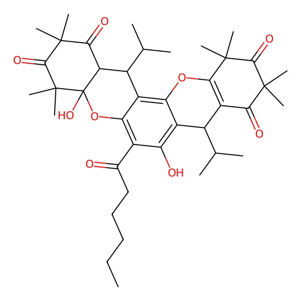 2D Structure of (4aS,8R,14S,14aR)-6-hexanoyl-4a,7-dihydroxy-2,2,4,4,10,10,12,12-octamethyl-8,14-di(propan-2-yl)-14,14a-dihydro-8H-chromeno[2,3-a]xanthene-1,3,9,11-tetrone