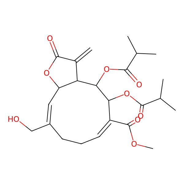 2D Structure of methyl (3aR,4S,5R,6E,10E,11aS)-10-(hydroxymethyl)-3-methylidene-4,5-bis(2-methylpropanoyloxy)-2-oxo-3a,4,5,8,9,11a-hexahydrocyclodeca[b]furan-6-carboxylate