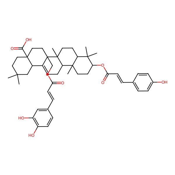 2D Structure of 6a-[3-(3,4-Dihydroxyphenyl)prop-2-enoyloxymethyl]-10-[3-(4-hydroxyphenyl)prop-2-enoyloxy]-2,2,6b,9,9,12a-hexamethyl-1,3,4,5,6,6a,7,8,8a,10,11,12,13,14b-tetradecahydropicene-4a-carboxylic acid