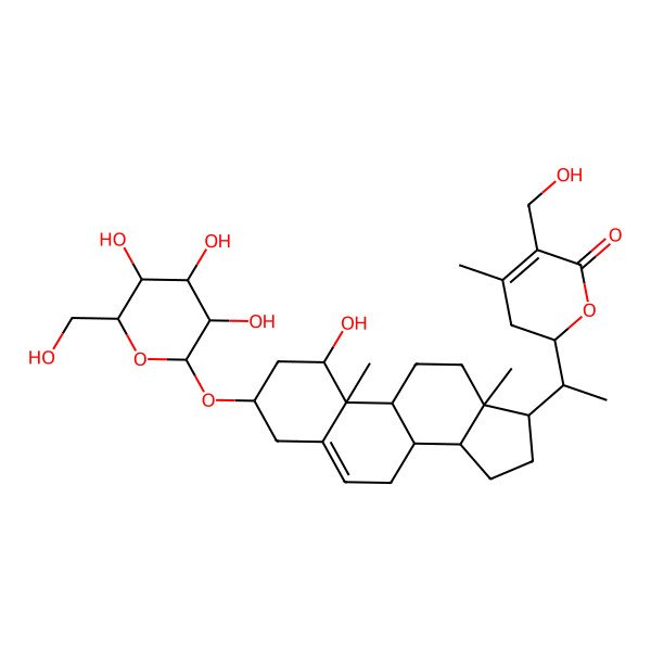 2D Structure of (2R)-2-[(1S)-1-[(1S,3R,8S,9S,10R,13R,14S,17R)-1-hydroxy-10,13-dimethyl-3-[(2R,3R,4S,5S,6R)-3,4,5-trihydroxy-6-(hydroxymethyl)oxan-2-yl]oxy-2,3,4,7,8,9,11,12,14,15,16,17-dodecahydro-1H-cyclopenta[a]phenanthren-17-yl]ethyl]-5-(hydroxymethyl)-4-methyl-2,3-dihydropyran-6-one