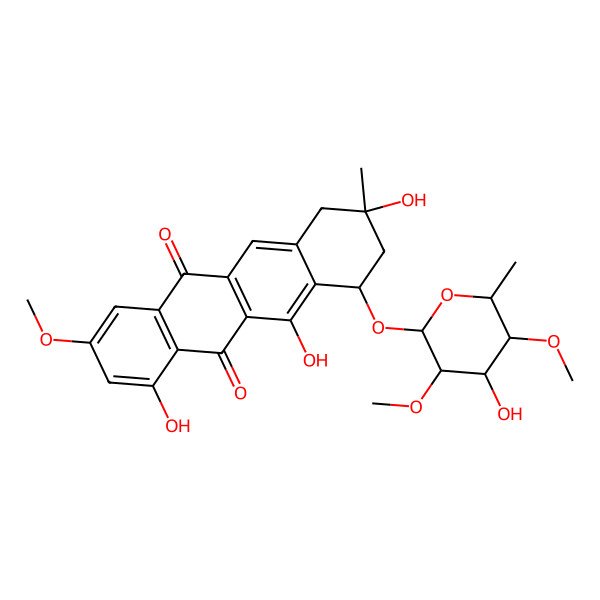 2D Structure of 4,6,9-trihydroxy-7-(4-hydroxy-3,5-dimethoxy-6-methyloxan-2-yl)oxy-2-methoxy-9-methyl-8,10-dihydro-7H-tetracene-5,12-dione