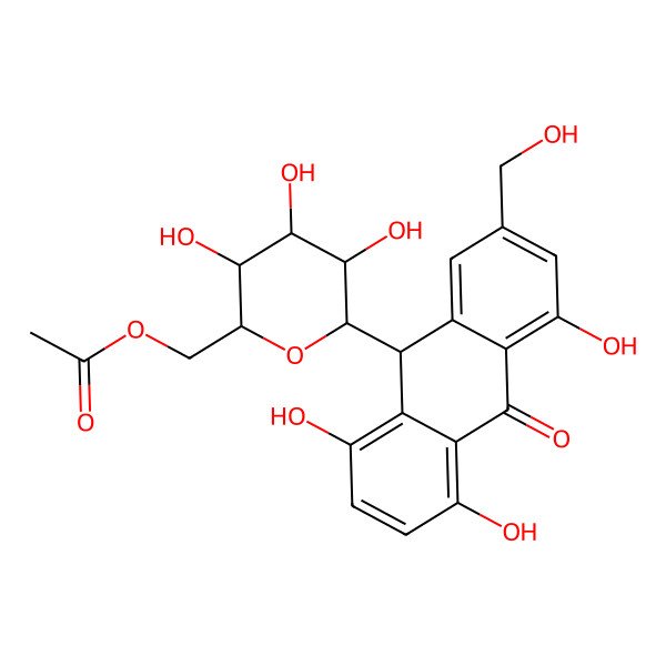 2D Structure of [(2R,3S,4R,5R,6S)-3,4,5-trihydroxy-6-[(9S)-1,4,5-trihydroxy-7-(hydroxymethyl)-10-oxo-9H-anthracen-9-yl]oxan-2-yl]methyl acetate