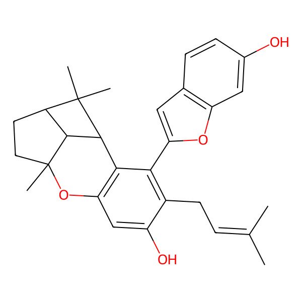 2D Structure of 3-(6-Hydroxy-1-benzofuran-2-yl)-9,13,13-trimethyl-4-(3-methylbut-2-enyl)-8-oxatetracyclo[7.4.1.02,7.012,14]tetradeca-2(7),3,5-trien-5-ol