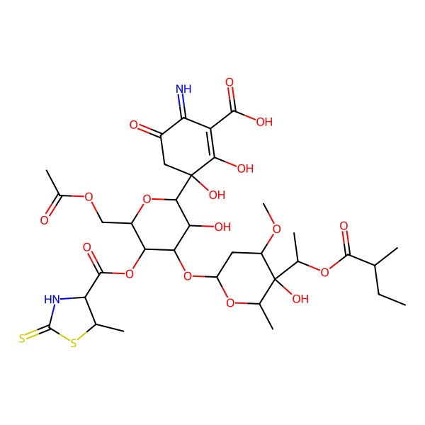 2D Structure of 3-[6-(Acetyloxymethyl)-3-hydroxy-4-[5-hydroxy-4-methoxy-6-methyl-5-[1-(2-methylbutanoyloxy)ethyl]oxan-2-yl]oxy-5-(5-methyl-2-sulfanylidene-1,3-thiazolidine-4-carbonyl)oxyoxan-2-yl]-2,3-dihydroxy-6-imino-5-oxocyclohexene-1-carboxylic acid