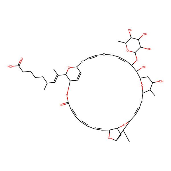 2D Structure of (E,6R)-8-[(1S,4E,6E,8E,10R,12R,14R,16S,17E,20R,21R,22S,24R,25R,26S,27E,31E,34S,36S,40R)-22,25-dihydroxy-21,40-dimethyl-3-oxo-26-[(2S,3R,4S,5S,6R)-3,4,5-trihydroxy-6-methyloxan-2-yl]oxy-2,11,15,35,39-pentaoxapentacyclo[32.2.2.112,16.120,24.010,14]tetraconta-4,6,8,17,27,31,37-heptaen-36-yl]-6-methylnon-7-enoic acid