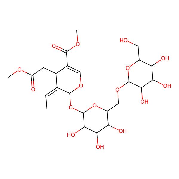 2D Structure of methyl (4S,5E,6S)-5-ethylidene-4-(2-methoxy-2-oxoethyl)-6-[(2S,3R,4S,5S,6R)-3,4,5-trihydroxy-6-[[(2R,3R,4S,5S,6R)-3,4,5-trihydroxy-6-(hydroxymethyl)oxan-2-yl]oxymethyl]oxan-2-yl]oxy-4H-pyran-3-carboxylate