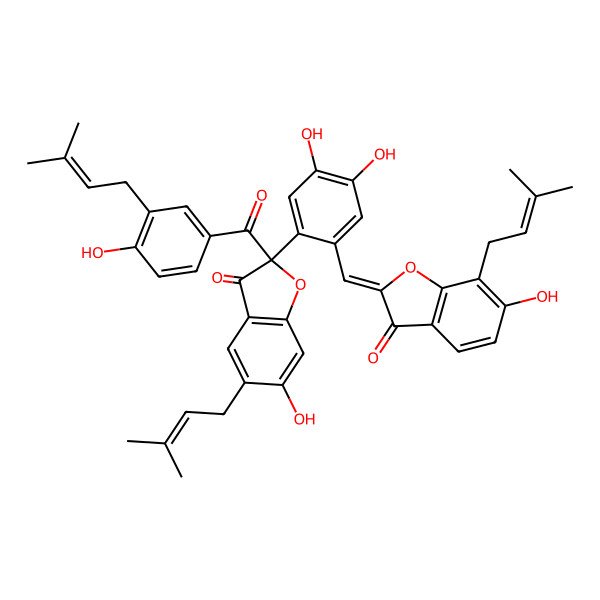 2D Structure of (2R)-2-[4,5-dihydroxy-2-[(Z)-[6-hydroxy-7-(3-methylbut-2-enyl)-3-oxo-1-benzofuran-2-ylidene]methyl]phenyl]-6-hydroxy-2-[4-hydroxy-3-(3-methylbut-2-enyl)benzoyl]-5-(3-methylbut-2-enyl)-1-benzofuran-3-one