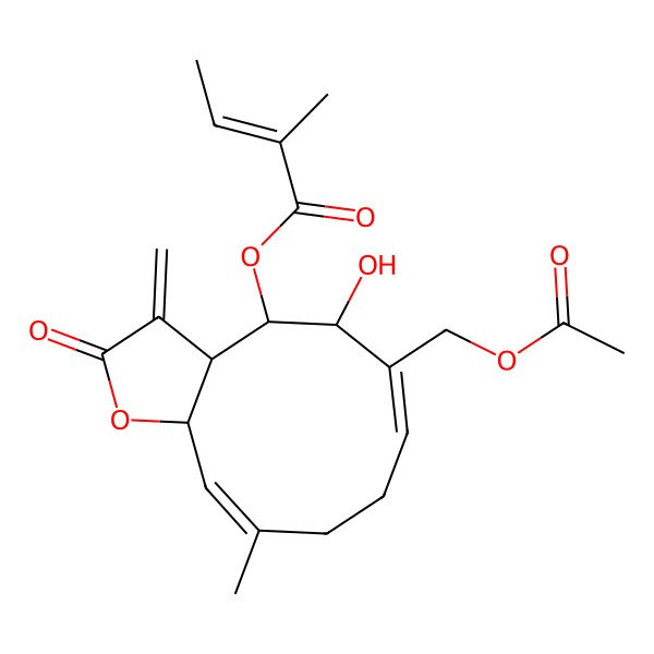 2D Structure of [(3aS,4S,5R,6E,10E,11aR)-6-(acetyloxymethyl)-5-hydroxy-10-methyl-3-methylidene-2-oxo-3a,4,5,8,9,11a-hexahydrocyclodeca[b]furan-4-yl] (Z)-2-methylbut-2-enoate
