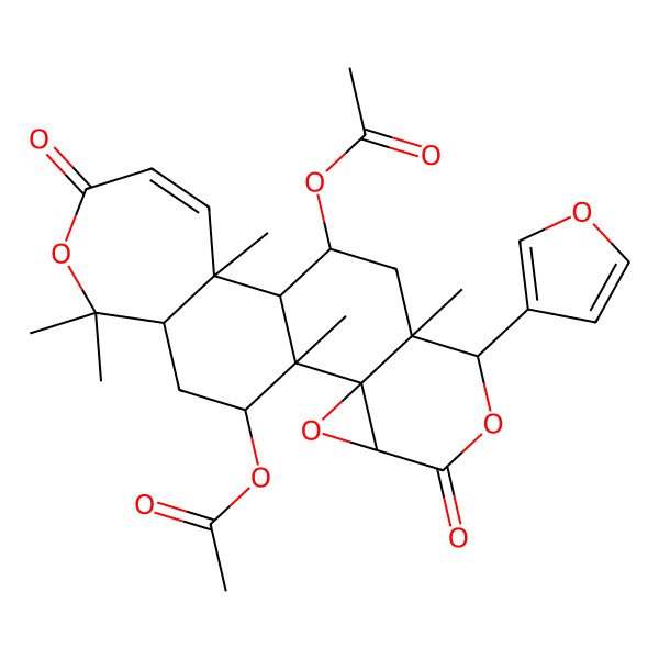 2D Structure of [10-Acetyloxy-7-(furan-3-yl)-1,8,12,17,17-pentamethyl-5,15-dioxo-3,6,16-trioxapentacyclo[9.9.0.02,4.02,8.012,18]icos-13-en-20-yl] acetate