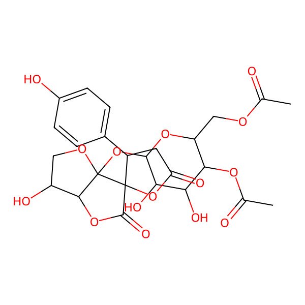 2D Structure of [(2R,3R,4R,5R,6S)-6-[(3S,3'R,3aR,6S,6aR)-3-hydroxy-3'-(4-hydroxyphenyl)-5,5'-dioxospiro[3,3a-dihydro-2H-furo[3,2-b]furan-6,2'-oxolane]-6a-yl]oxy-3-acetyloxy-4,5-dihydroxyoxan-2-yl]methyl acetate