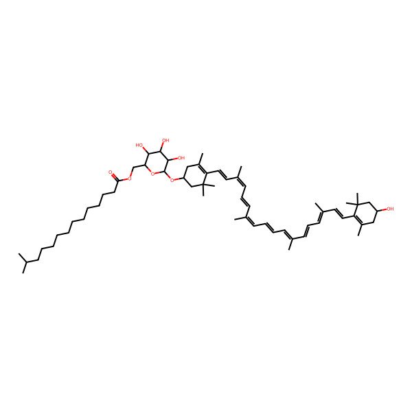 2D Structure of [3,4,5-Trihydroxy-6-[4-[18-(4-hydroxy-2,6,6-trimethylcyclohexen-1-yl)-3,7,12,16-tetramethyloctadeca-1,3,5,7,9,11,13,15,17-nonaenyl]-3,5,5-trimethylcyclohex-3-en-1-yl]oxyoxan-2-yl]methyl 13-methyltetradecanoate
