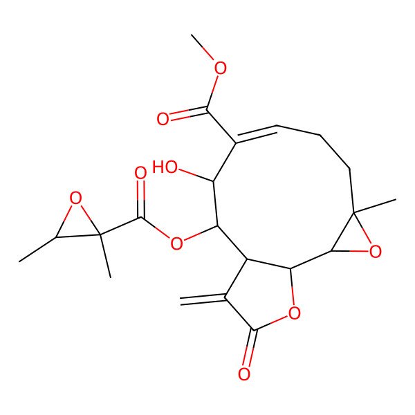 2D Structure of methyl (1S,2R,4R,7E,9R,10S,11R)-10-[(2S,3R)-2,3-dimethyloxirane-2-carbonyl]oxy-9-hydroxy-4-methyl-12-methylidene-13-oxo-3,14-dioxatricyclo[9.3.0.02,4]tetradec-7-ene-8-carboxylate